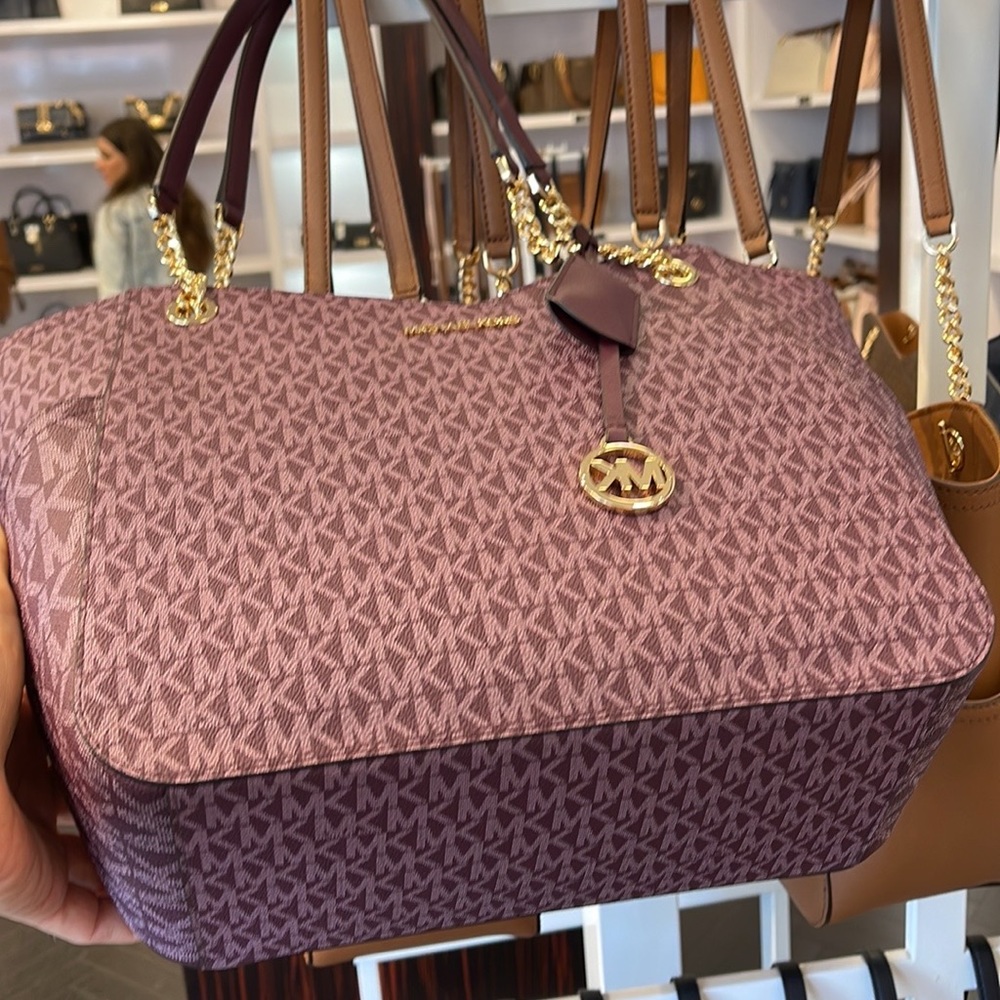 Michael Kors Jet Set Travel Large Chained Tote Shoulder Bag MK Bordeaux Multi - Picture 15 of 16